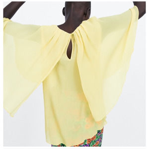 Zara Pleated Cape Blouse in Yellow Size Medium NWT